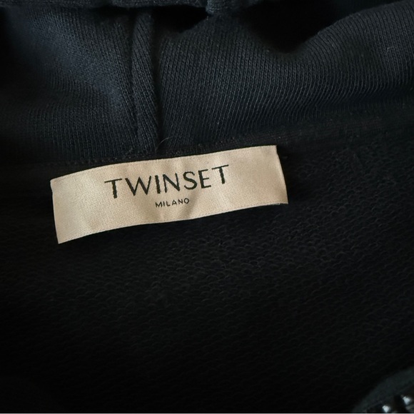 TWINSET Milano Black Fringe Oversized Zip Up Hoodie - Picture 4 of 10